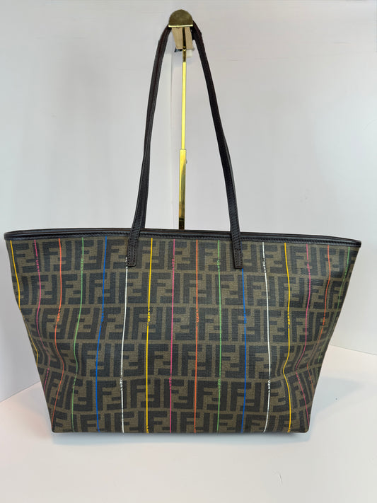 FENDI Zucca Print Multi color Stripe Coated canvas Medium Roll Tote