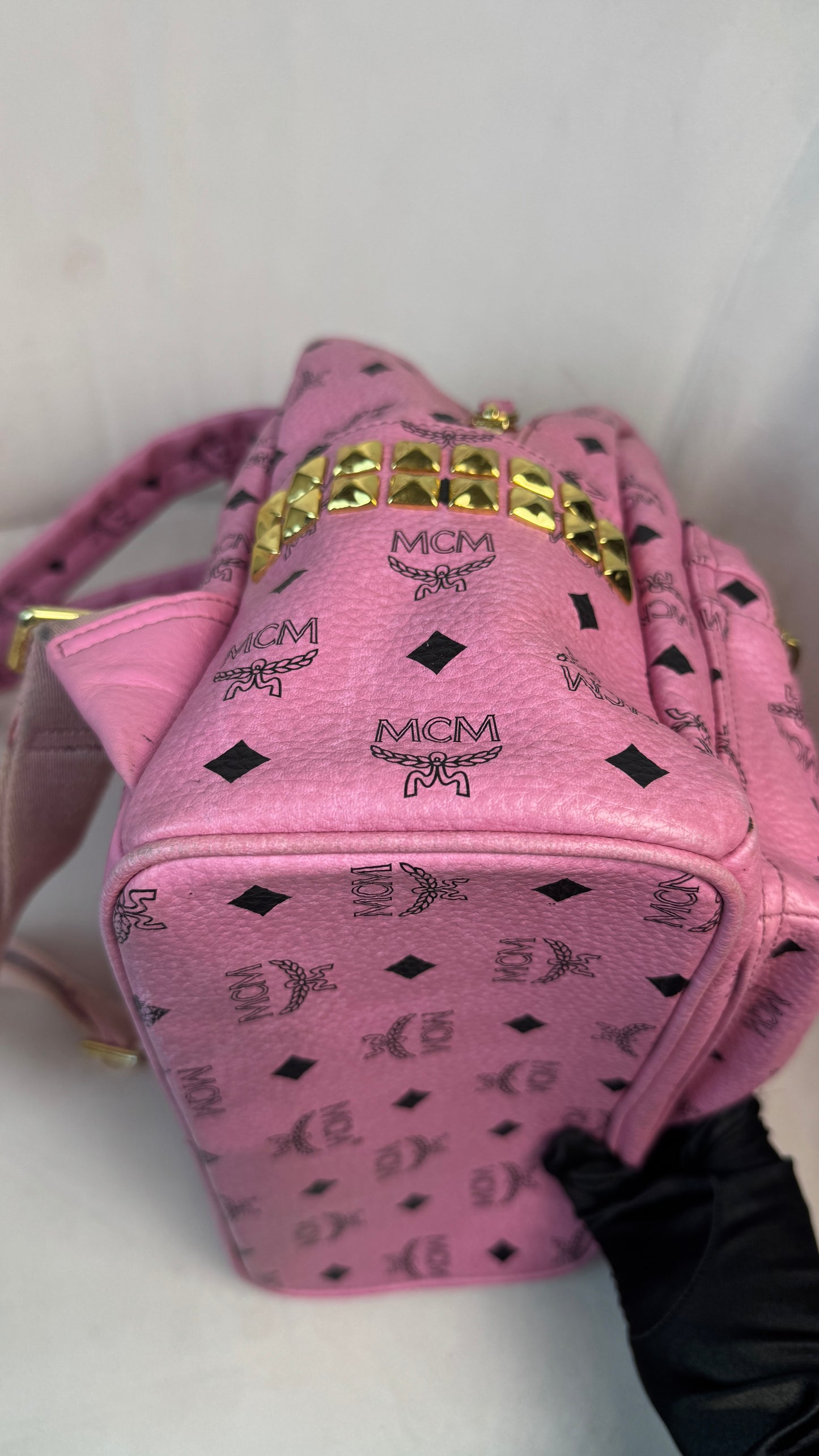 MCM Pink Visetos Stark backpack with gold-toned hardwar