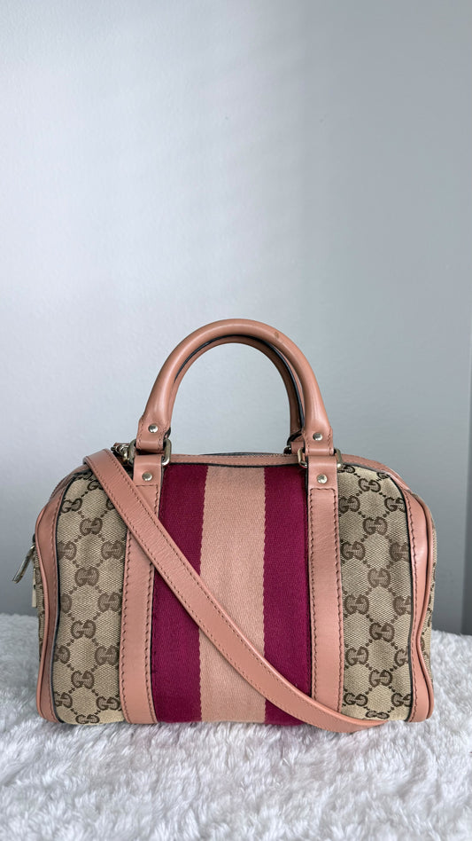 GUCCI Web Boston Small GG Canvas With Strap