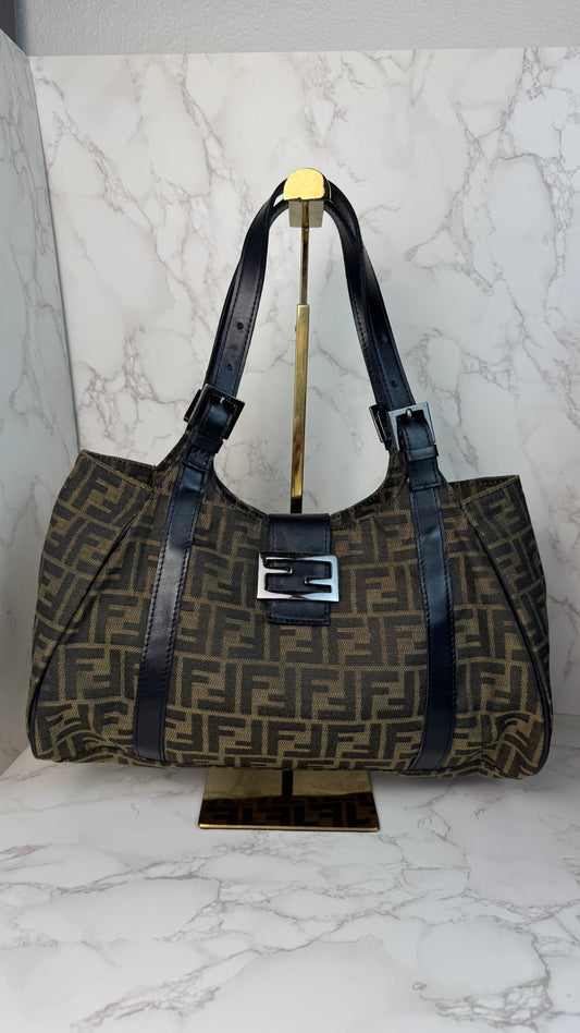 Fendi Zucca Canvas Leather Trim Tote Bag