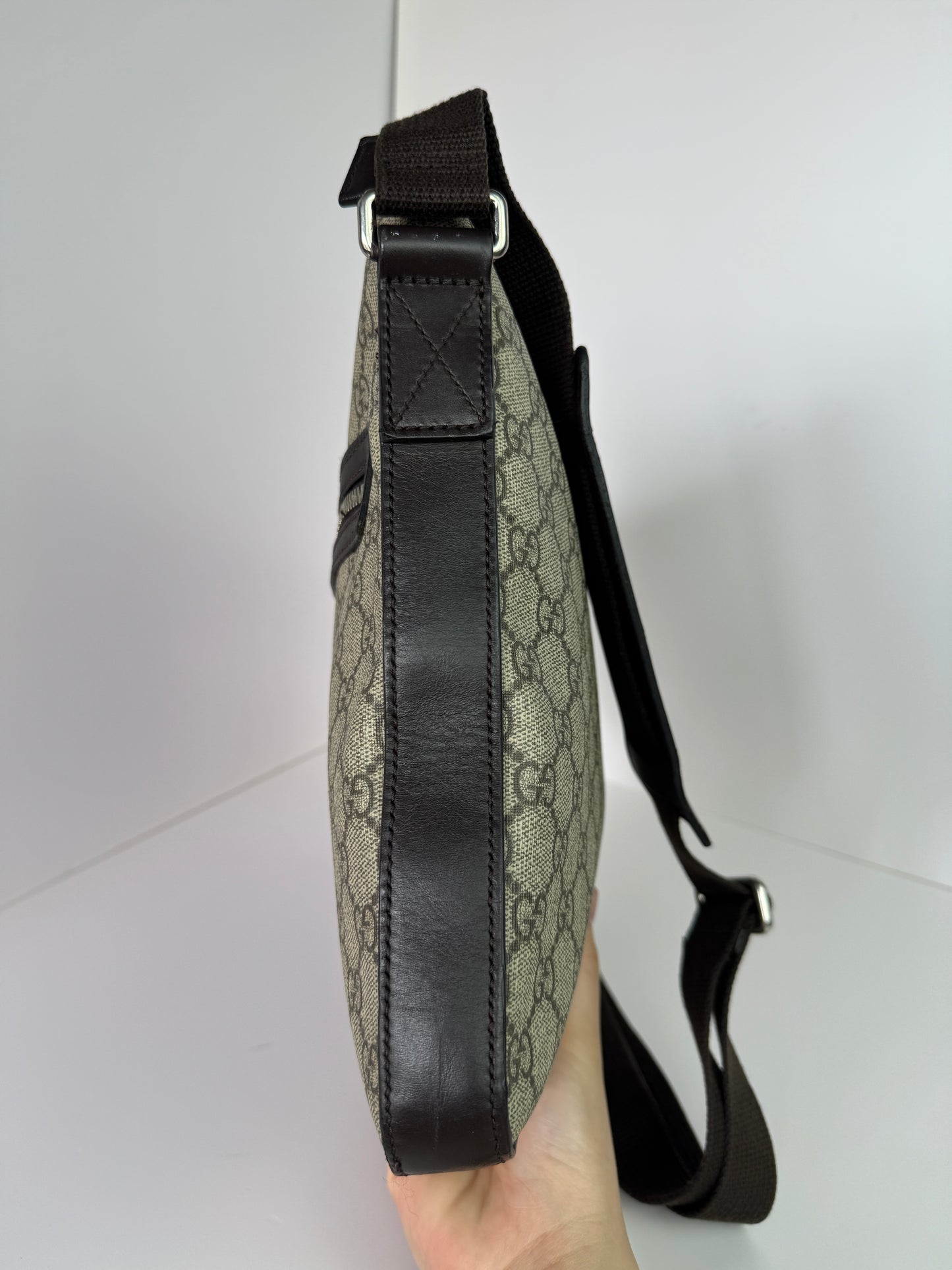 Gucci Front Zip Messenger Dark Brown GG Coated Canvas
