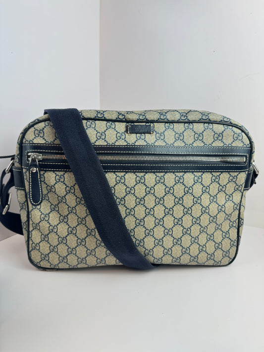 Gucci Large Front Zip Leather Coated Canvas Navy