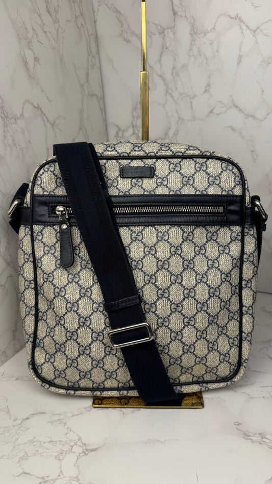 Gucci Front Zip Messenger GG Coated Canvas Navy