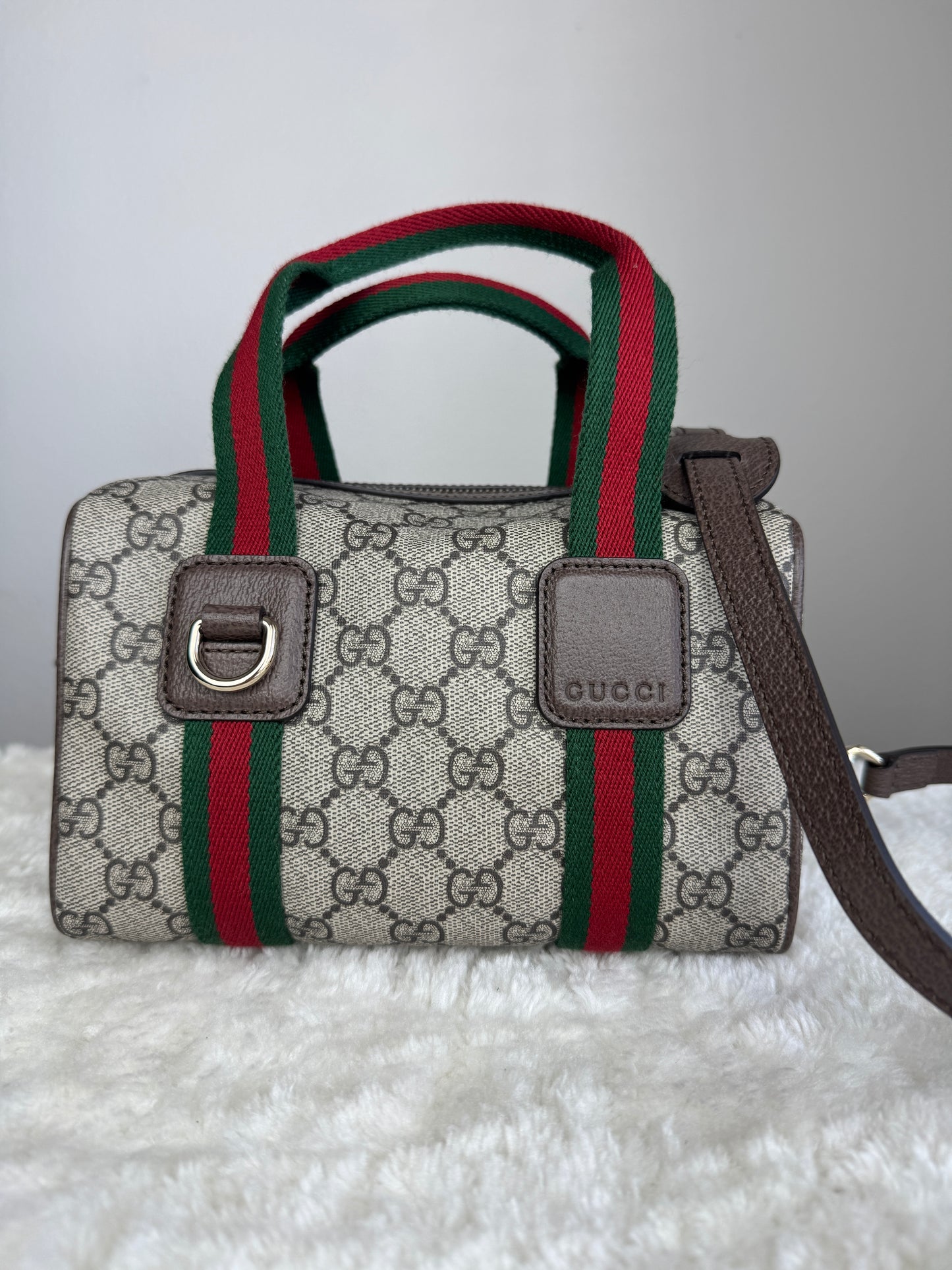 NEW GUCCI Web Boston GG Supreme Coated Canvas Brown