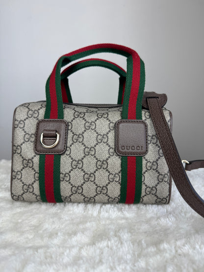 NEW GUCCI Web Boston GG Supreme Coated Canvas Brown