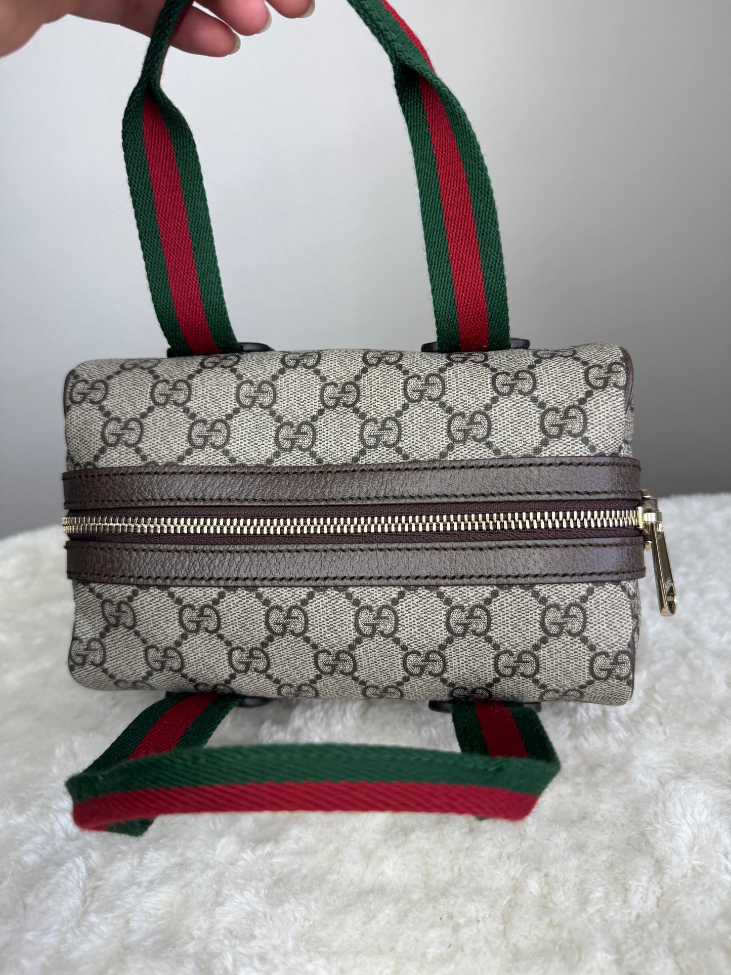 NEW GUCCI Web Boston GG Supreme Coated Canvas Brown