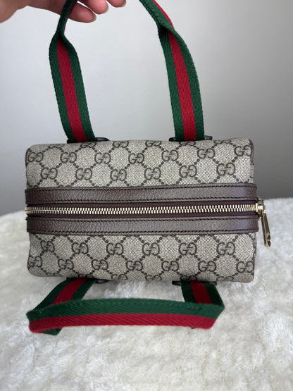 NEW GUCCI Web Boston GG Supreme Coated Canvas Brown