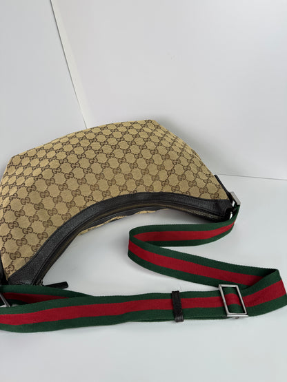 GUCCI Web Large Halfmoon Crossbody GG Canvas Brown