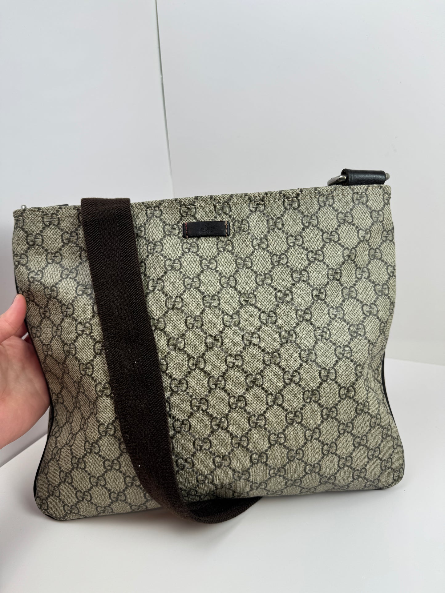 Gucci Flat Zip Top Messenger Coated Canvas Brown