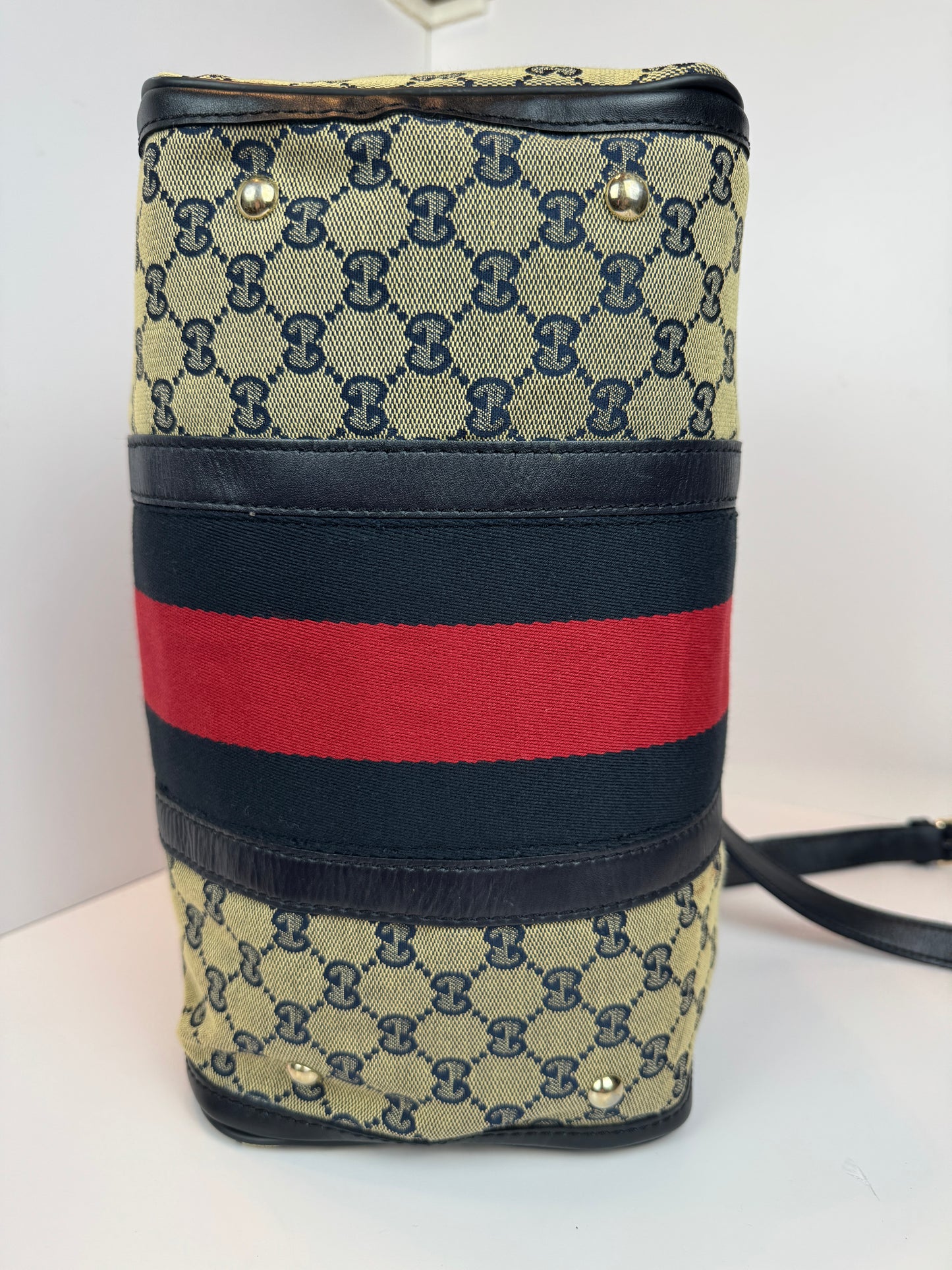 GUCCI Web Boston Navy Blue GG Canvas with strap