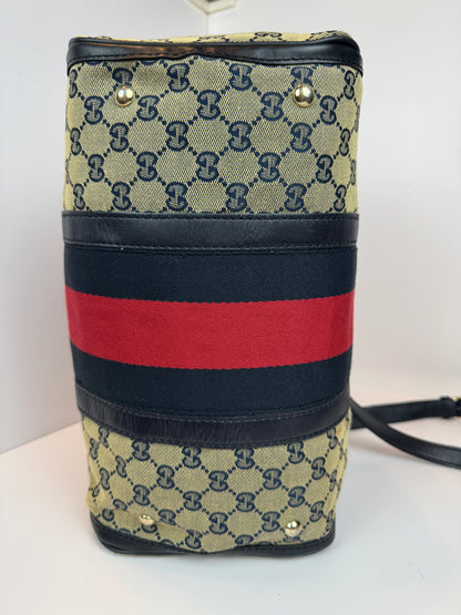 GUCCI Web Boston Navy Blue GG Canvas with strap