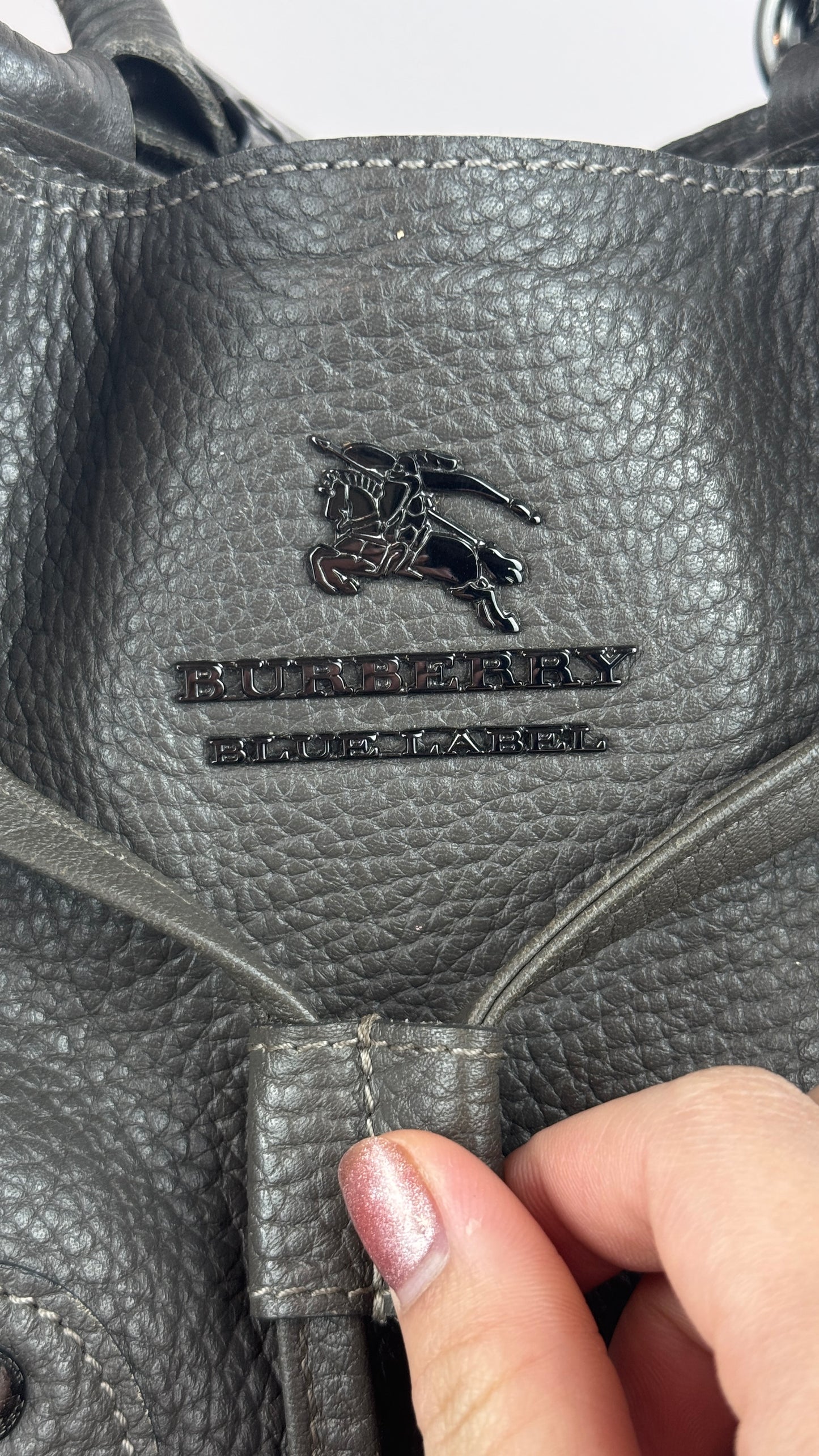 Burberry Bucket Grey Leather With Exterior Zip Pockets