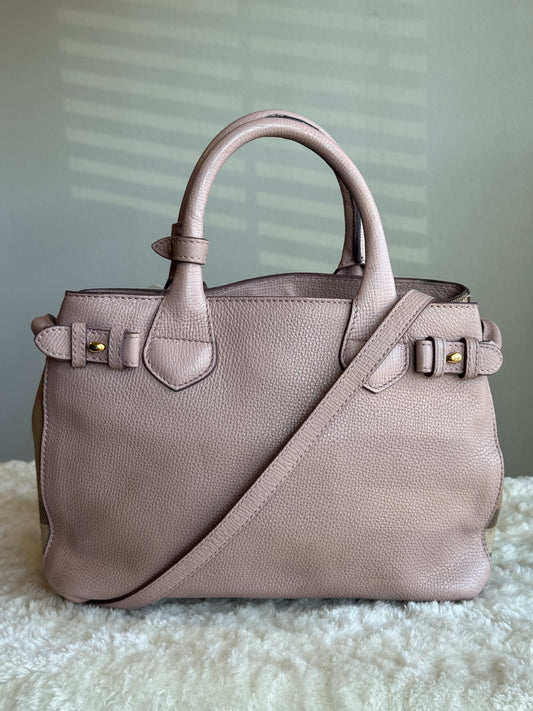 BURBERRY Banner Tote Leather and House Check canvas Small
