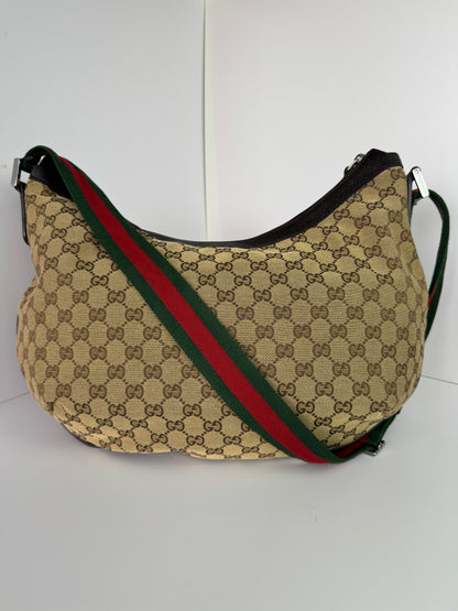 GUCCI Web Large Halfmoon Crossbody GG Canvas Brown