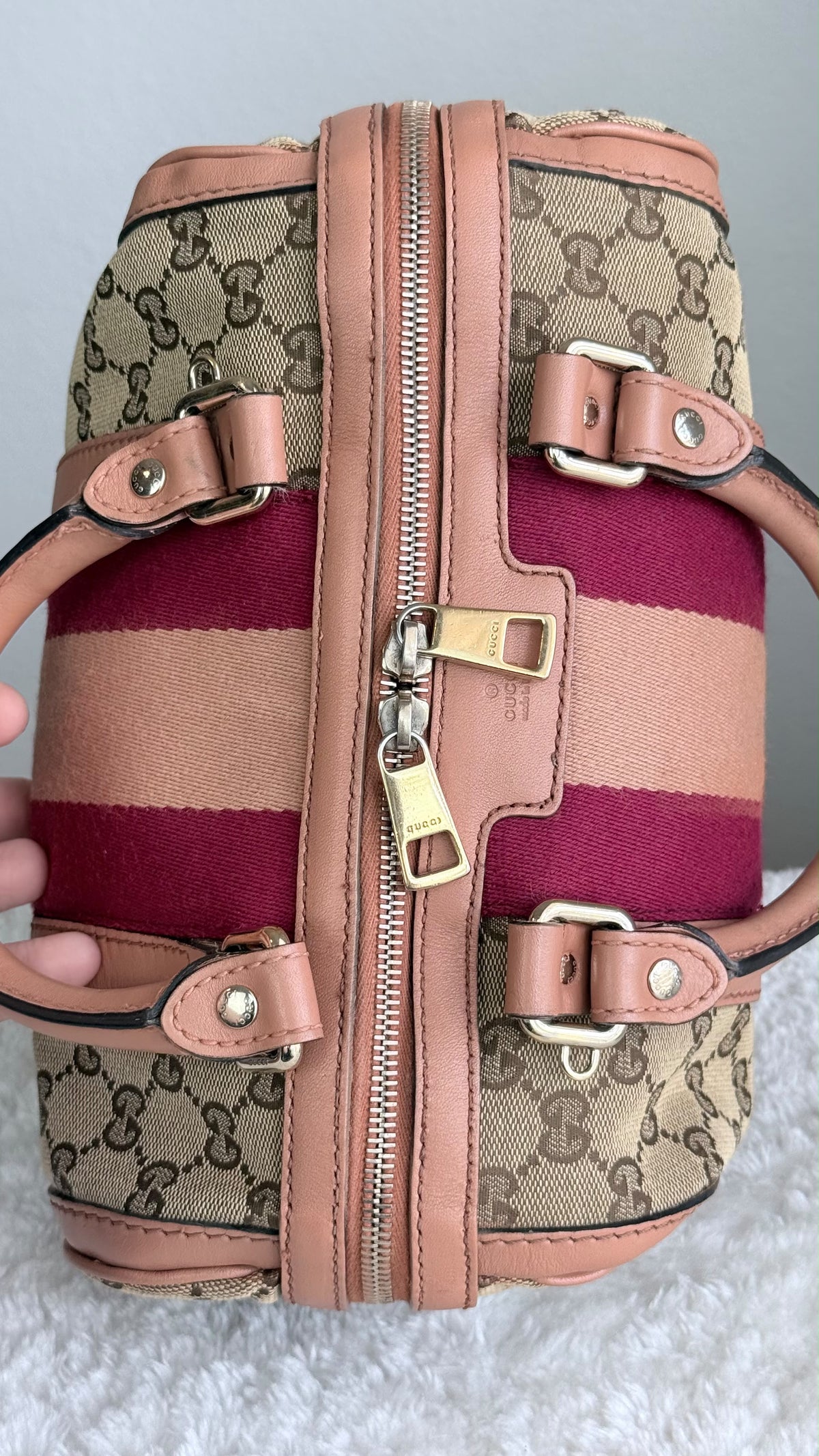 GUCCI Web Boston Small GG Canvas With Strap