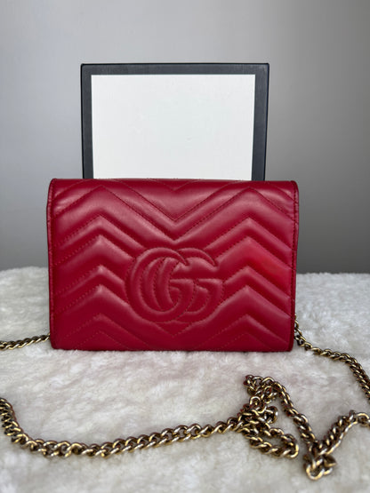 GUCCI GG Marmont Chain Wallet Matelasse Leather Red