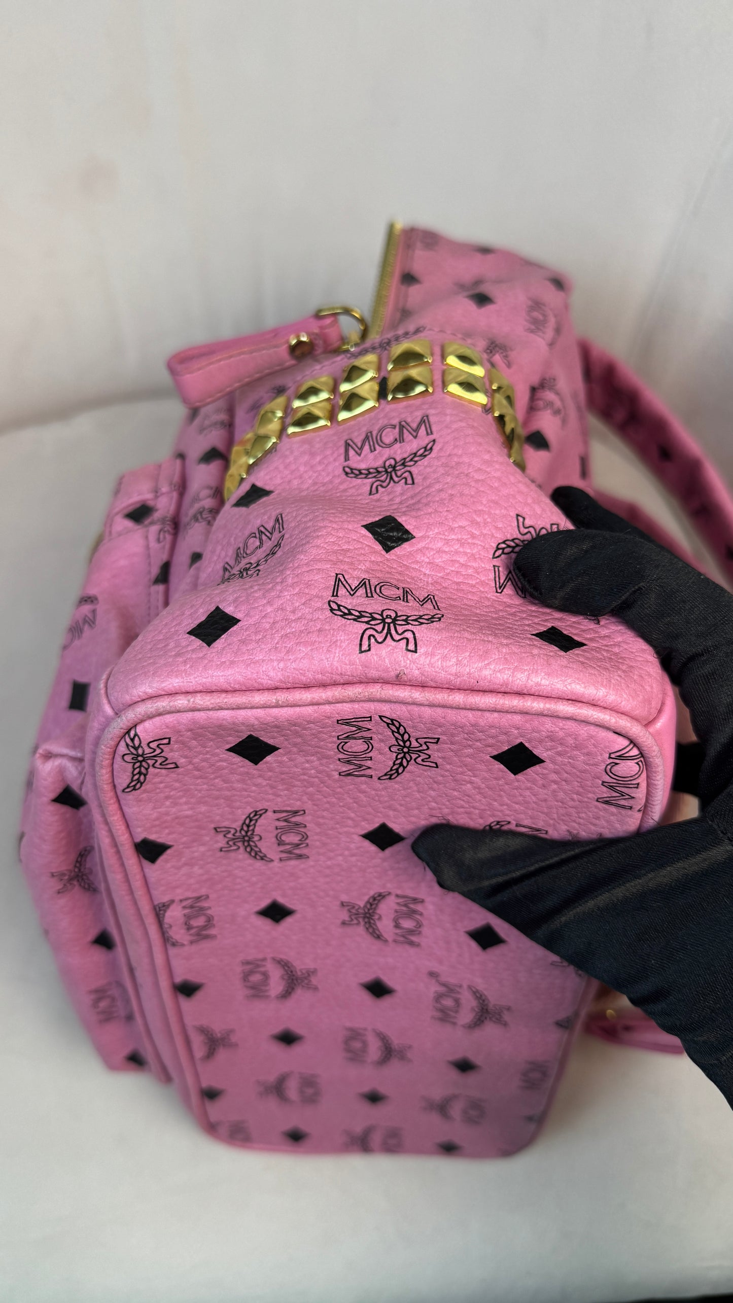 MCM Pink Visetos Stark backpack with gold-toned hardwar