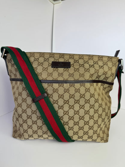 GUCCI Web Flat Messenger Green and Red Stripe Brown