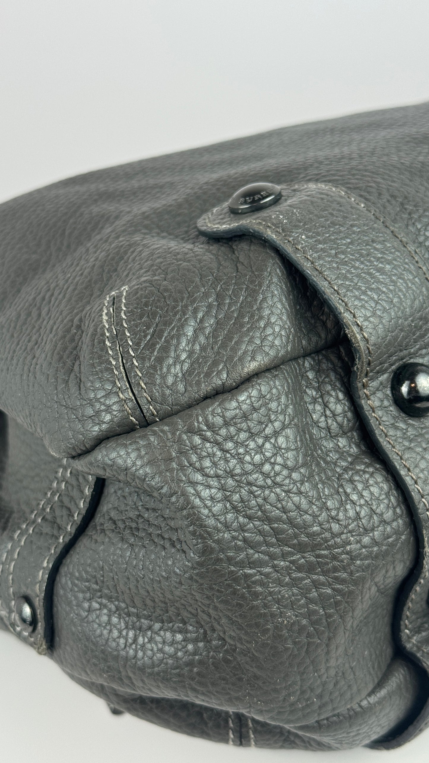 Burberry Bucket Grey Leather With Exterior Zip Pockets