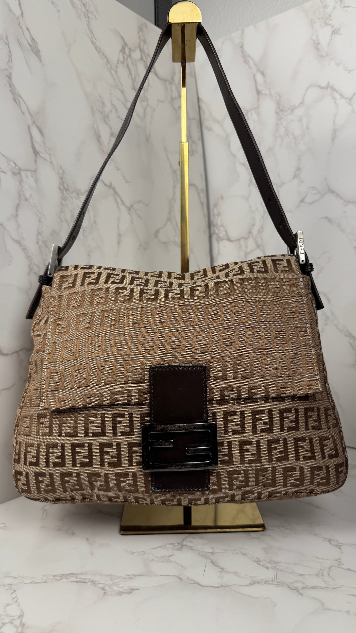 Fendi Mama Baguette Zucca FF Canvas Shoulder Bag Brown