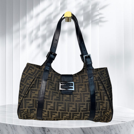 Fendi Zucca Canvas Leather Trim Tote Bag
