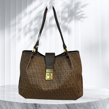 Fendi Zucchino Spalmati Chiusura tote bag in brown coated canvas with brown leather trim