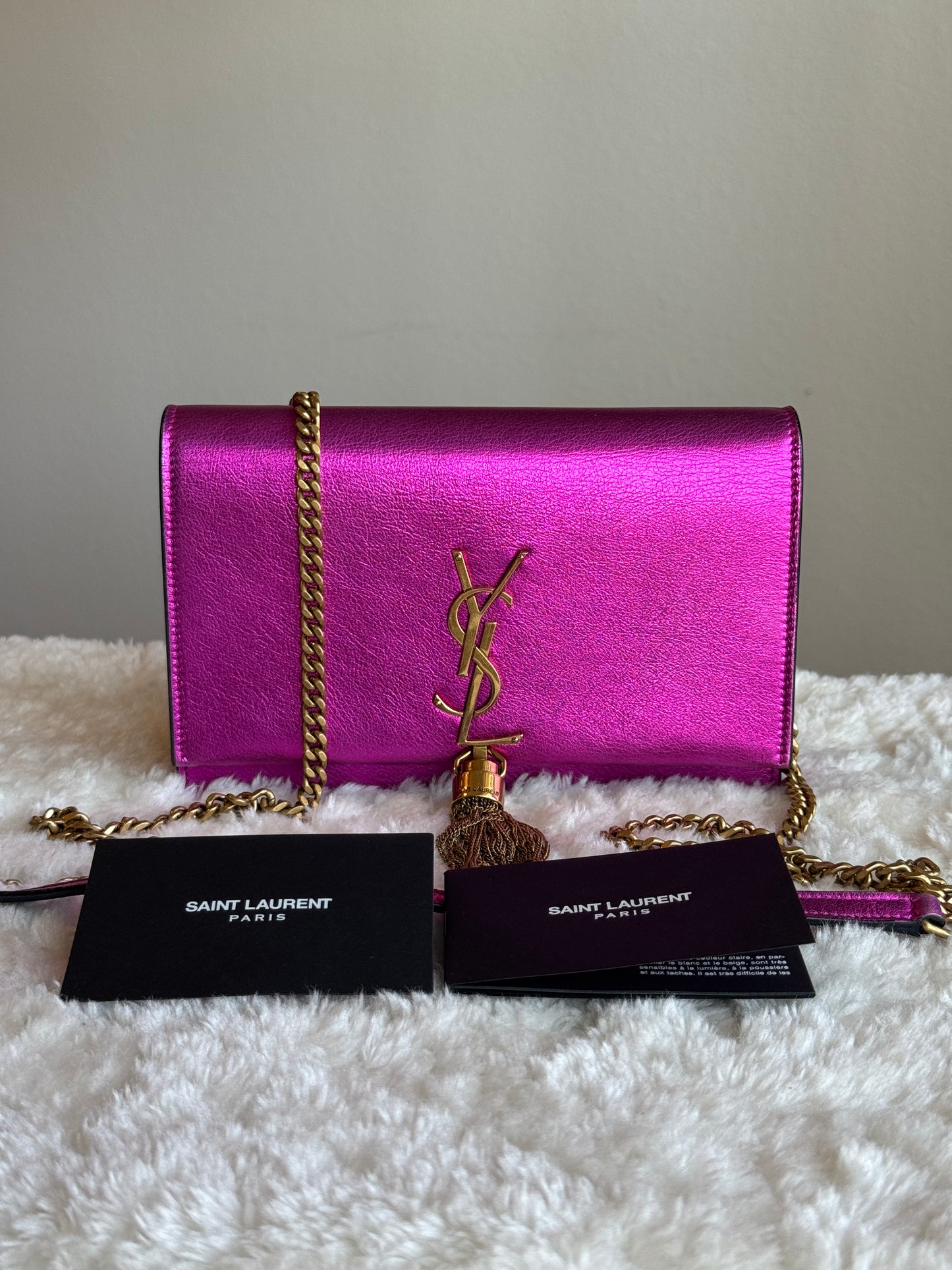 SAINT LAURENT Classic Monogram Tassel Chain wallet Leather pink metallic