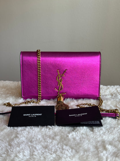 SAINT LAURENT Classic Monogram Tassel Chain wallet Leather pink metallic