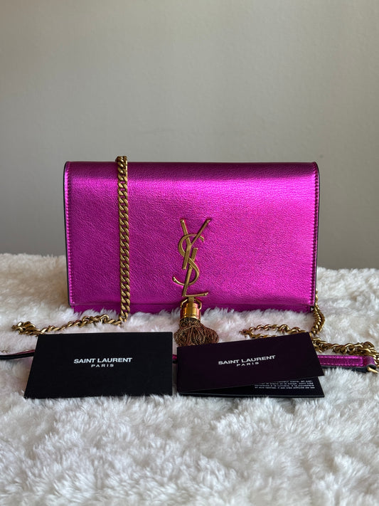 SAINT LAURENT Classic Monogram Tassel Chain wallet Leather pink metallic