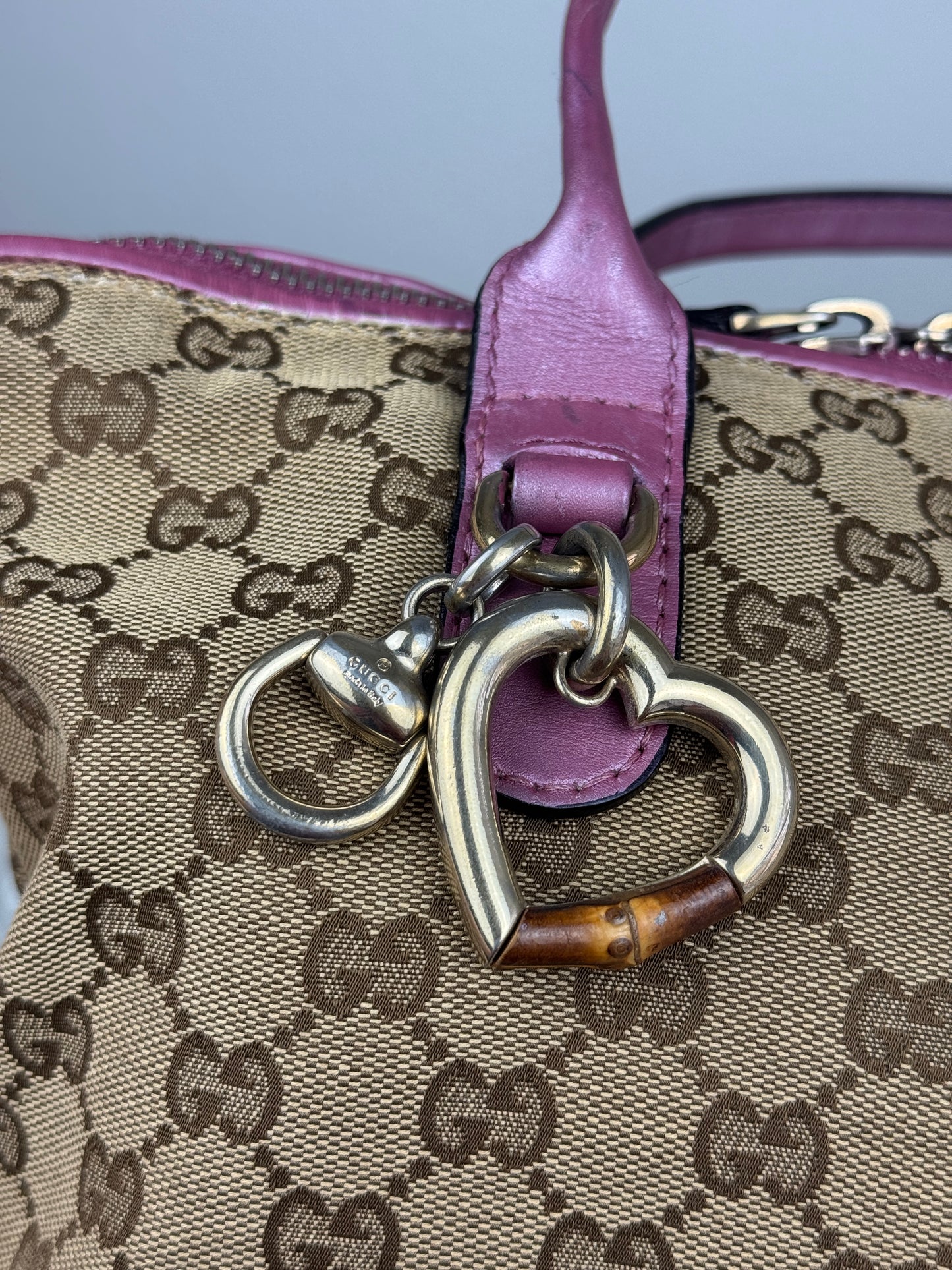 GUCCI Heart Bit Handbag with strap GG Canvas Pink