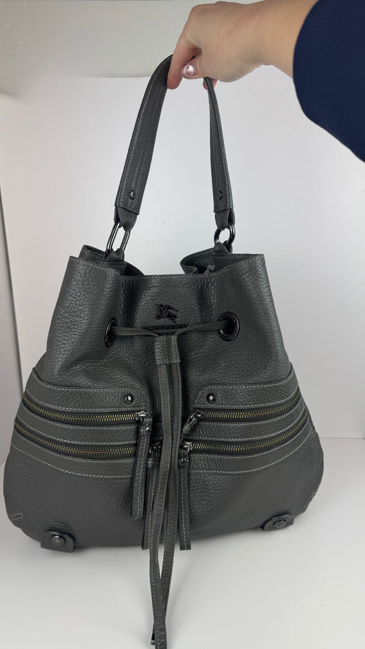 Burberry Bucket Grey Leather With Exterior Zip Pockets