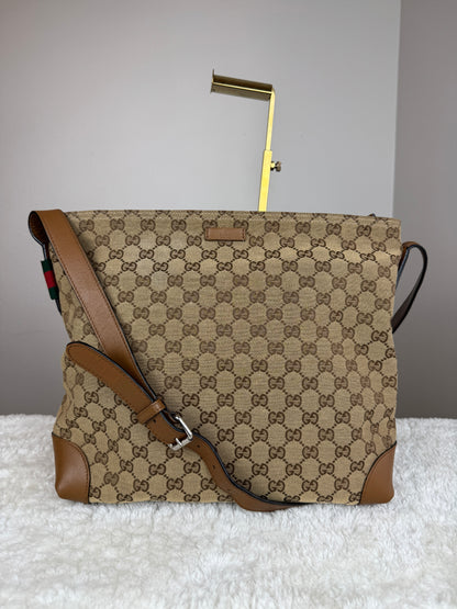 GUCCI Web Flat Messenger GG Canvas Brown