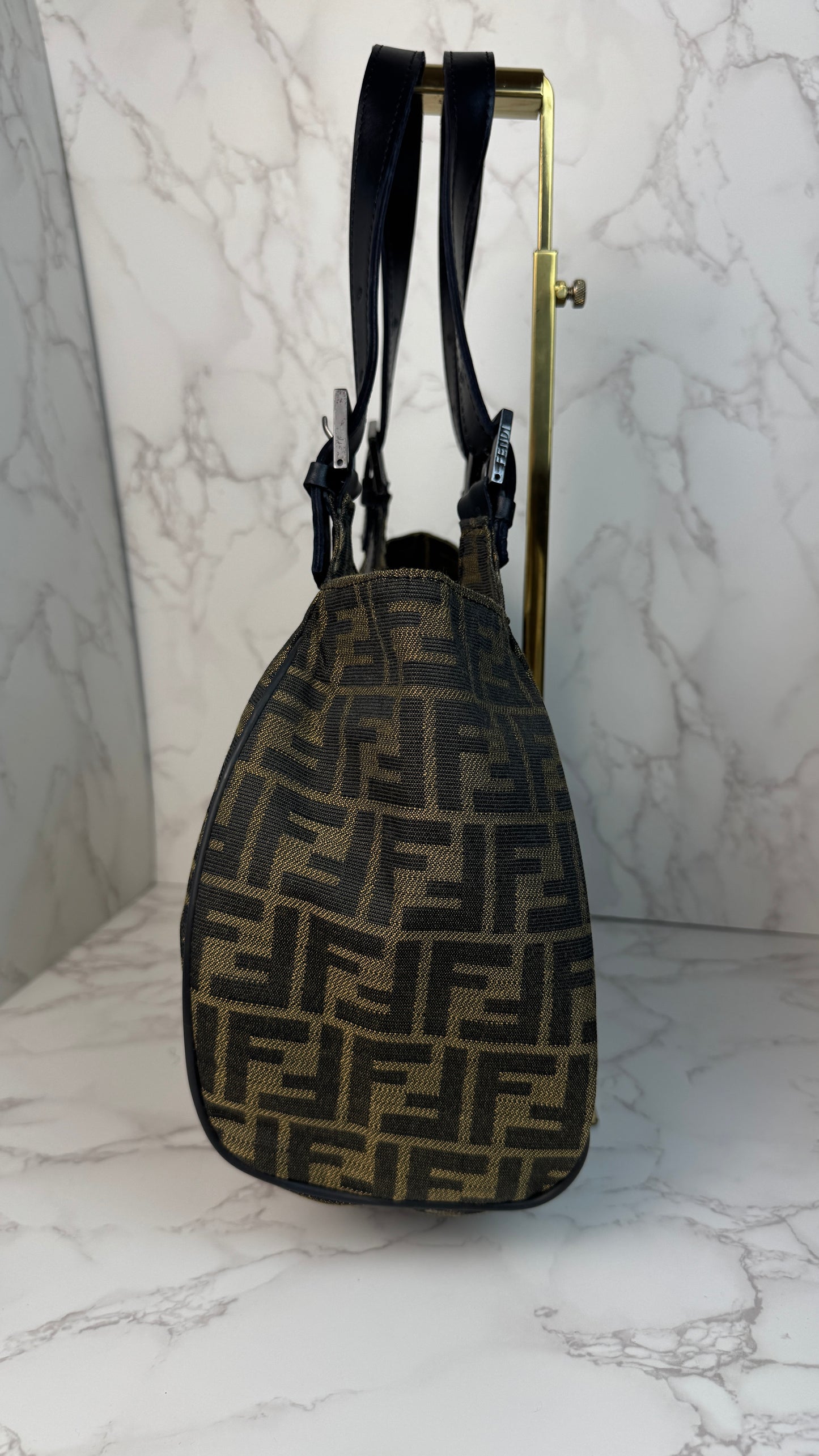 Fendi Zucca Canvas Leather Trim Tote Bag