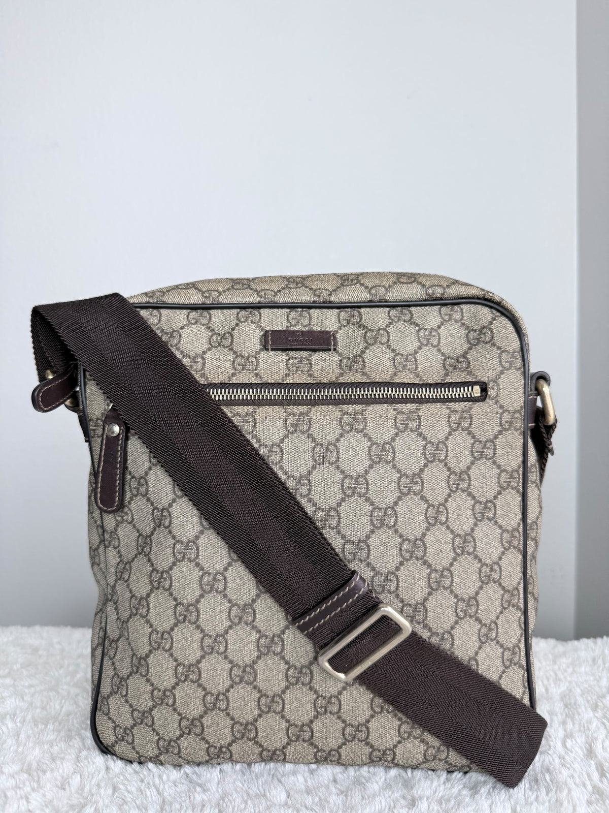 GUCCI Front Zip Messenger GG Coated Canvas Brown