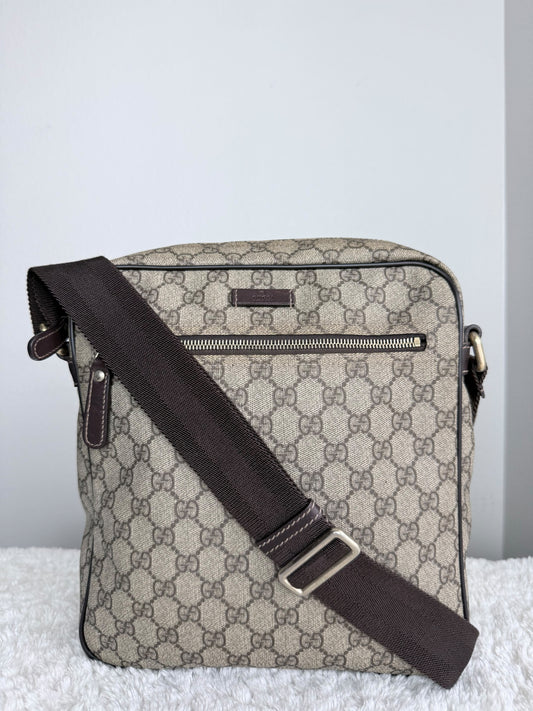 GUCCI Front Zip Messenger GG Coated Canvas Brown