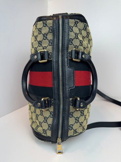 GUCCI Web Boston Navy Blue GG Canvas with strap