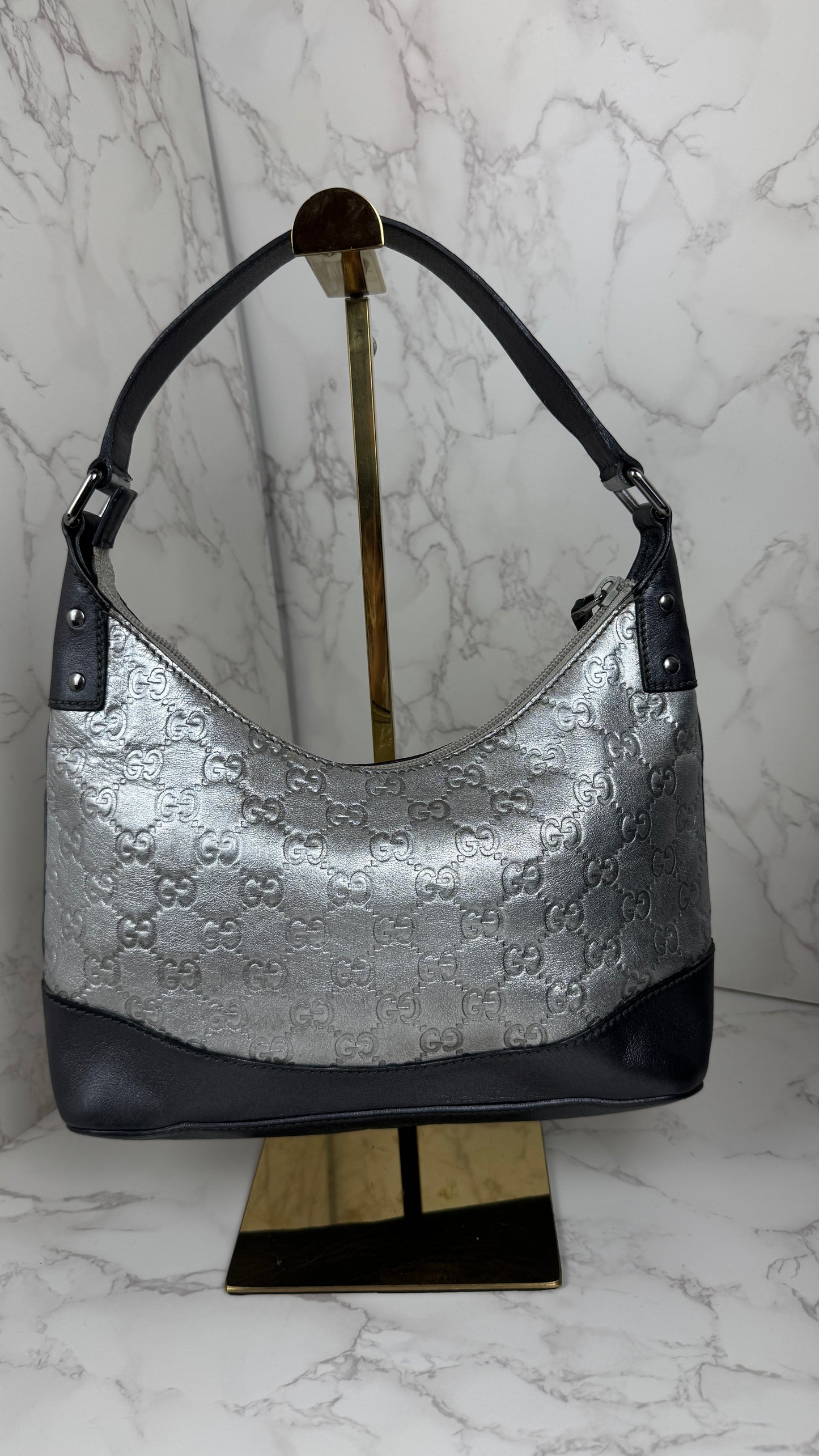 Gucci GG Leather Hobo Silver and Grey