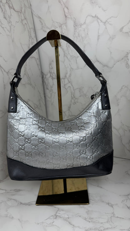 Gucci GG Leather Hobo Silver and Grey