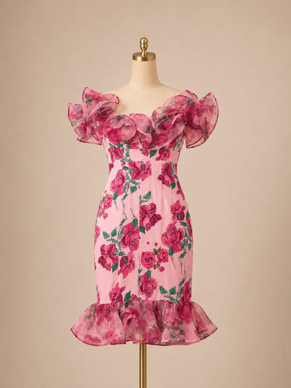 D12👗Pink Floral Organza Ruffle Dress – Pre-Owned (All Sales Final) 🌸✨