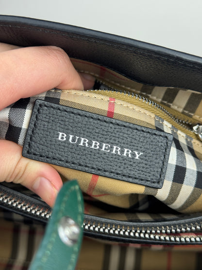 BURBERRY Derby Calfskin House Check Medium Banner Tote Black Sea Green