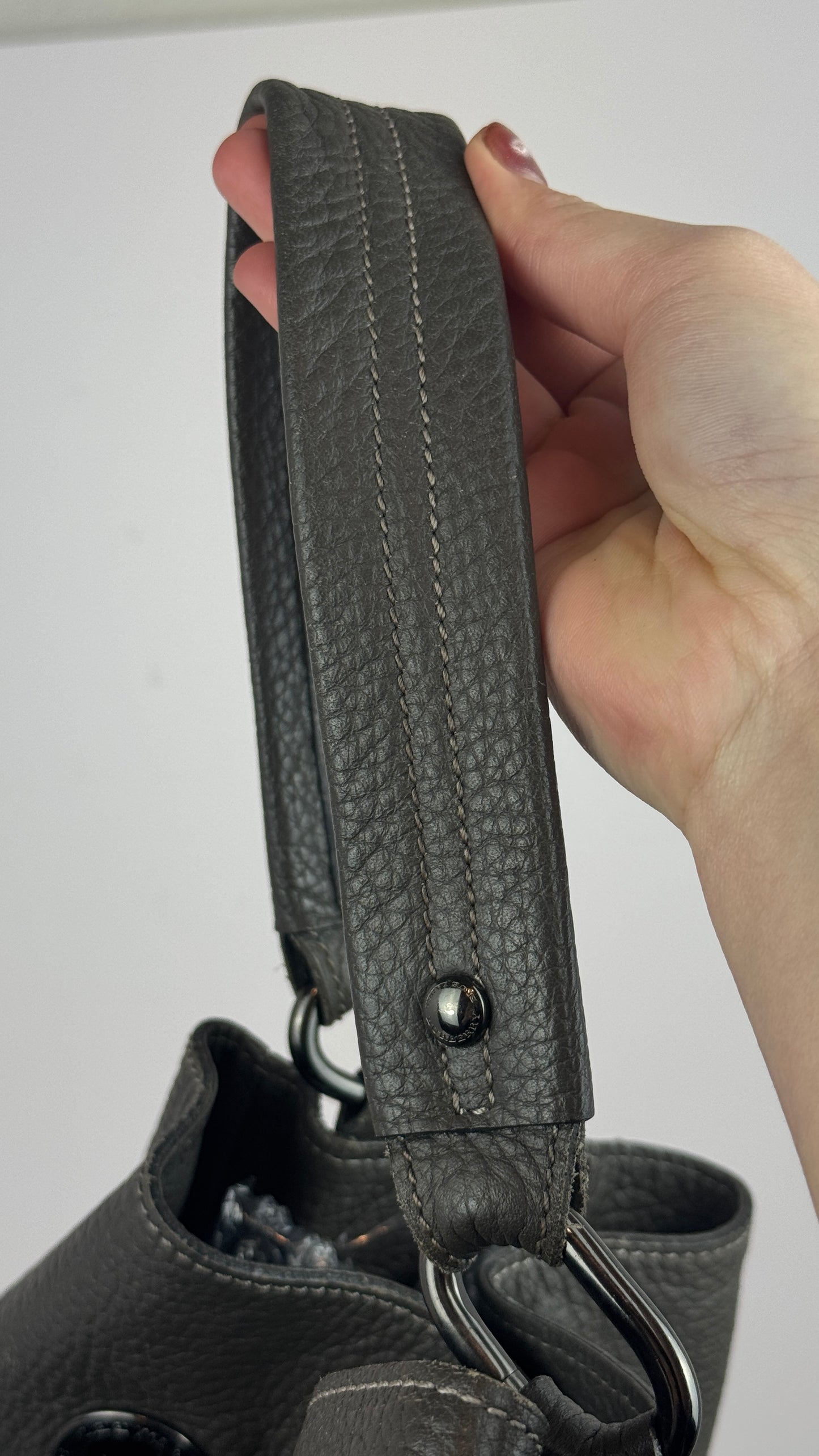 Burberry Bucket Grey Leather With Exterior Zip Pockets