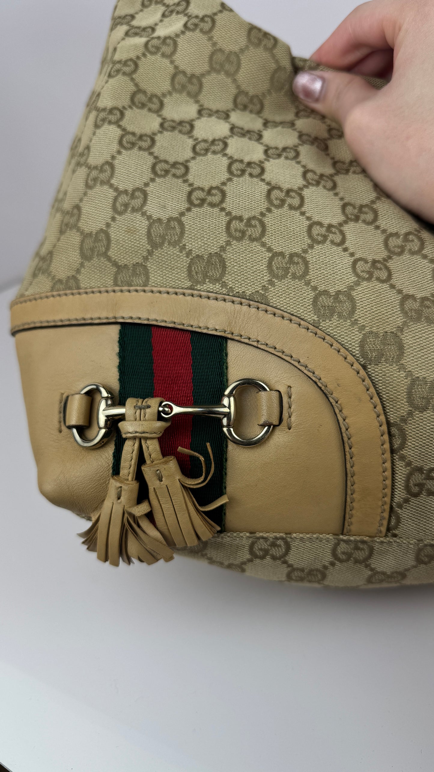 Gucci Beige GG Canvas Horsebit Tassel Hobo
