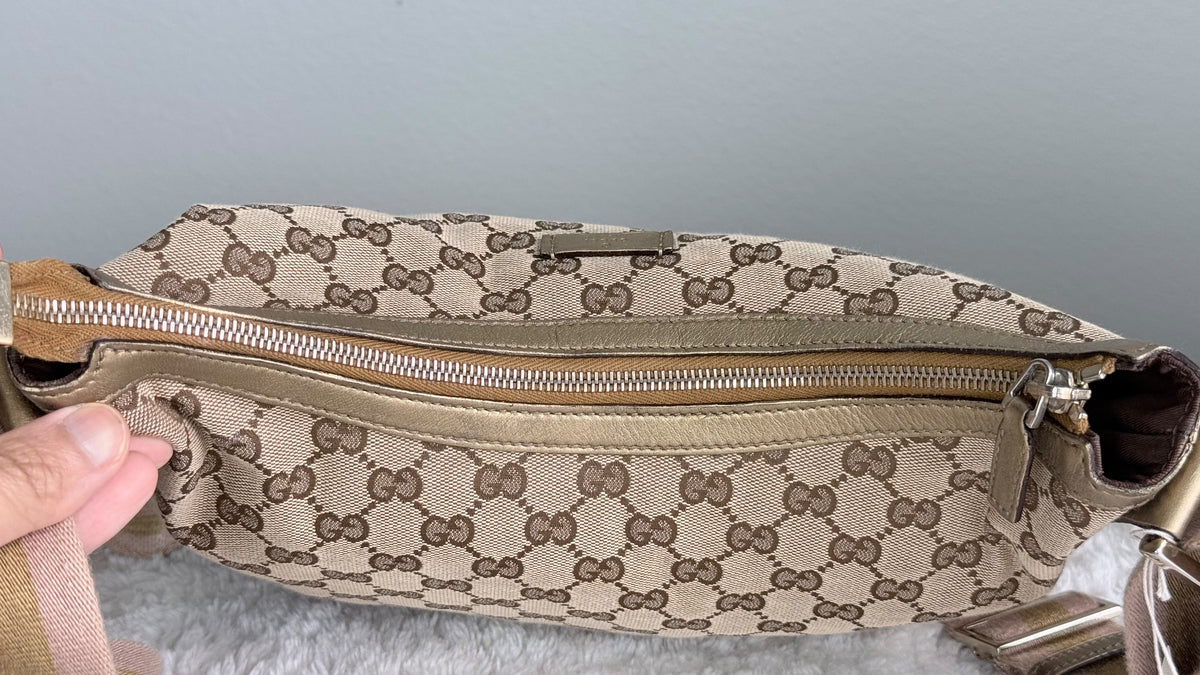 GUCCI Web Halfmoon Hobo  GG Canvas Gold Metallic