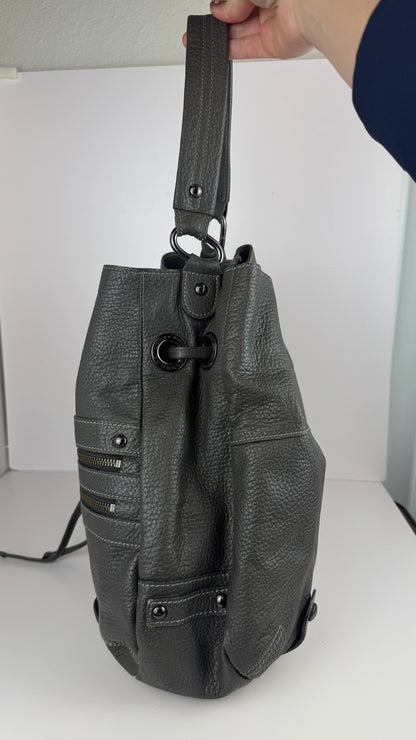 Burberry Bucket Grey Leather With Exterior Zip Pockets