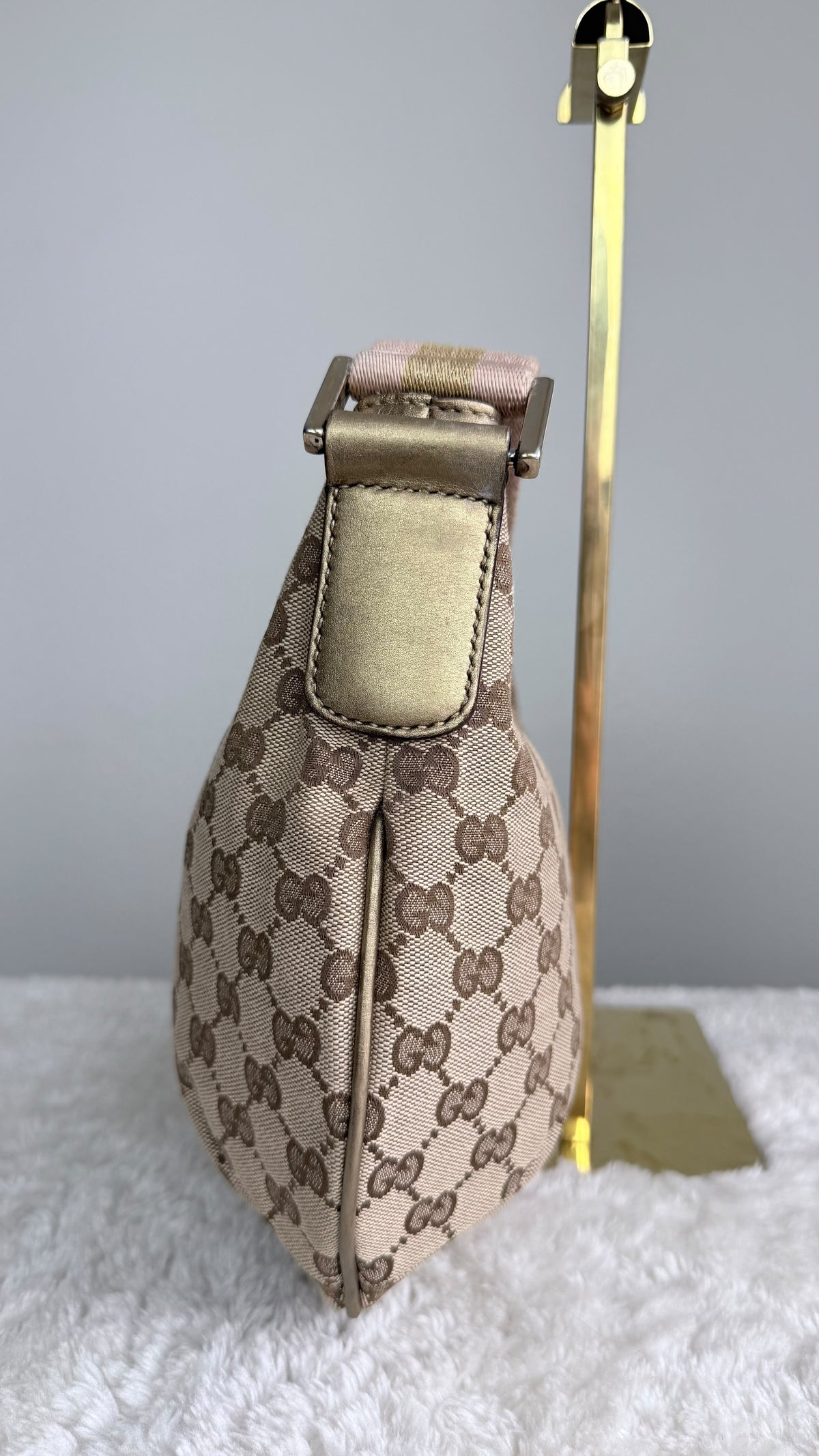 GUCCI Web Halfmoon Hobo  GG Canvas Gold Metallic