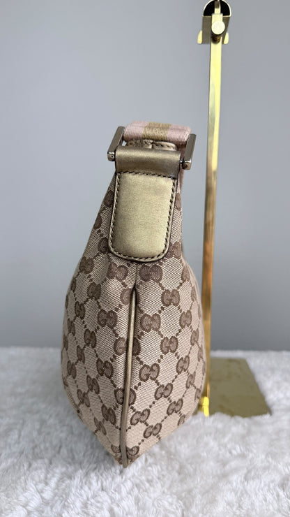 GUCCI Web Halfmoon Hobo  GG Canvas Gold Metallic