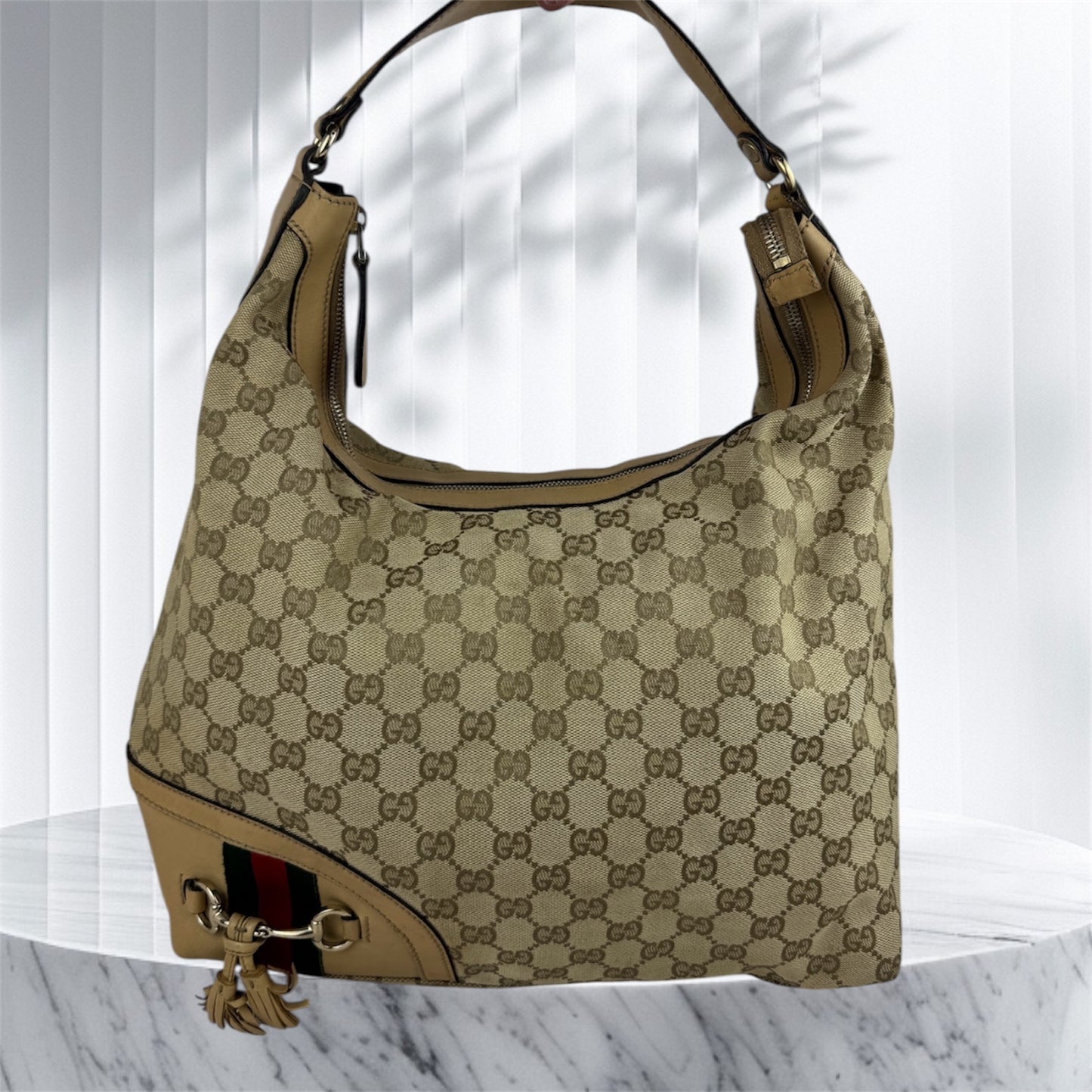 Gucci Beige GG Canvas Horsebit Tassel Hobo