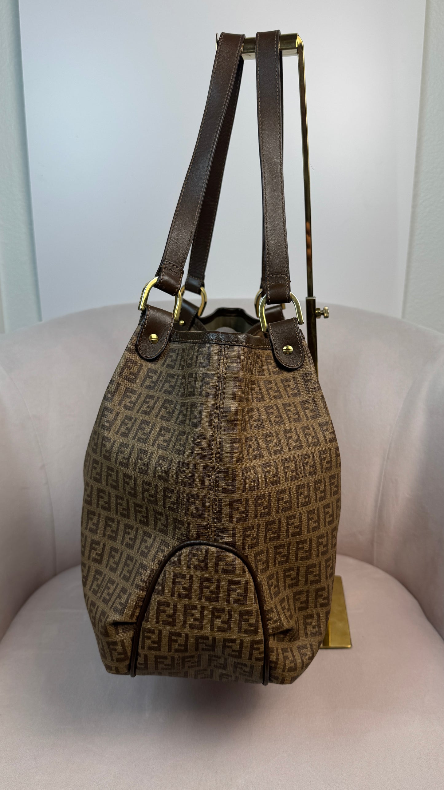 Fendi Zucchino Spalmati Chiusura tote bag in brown coated canvas with brown leather trim