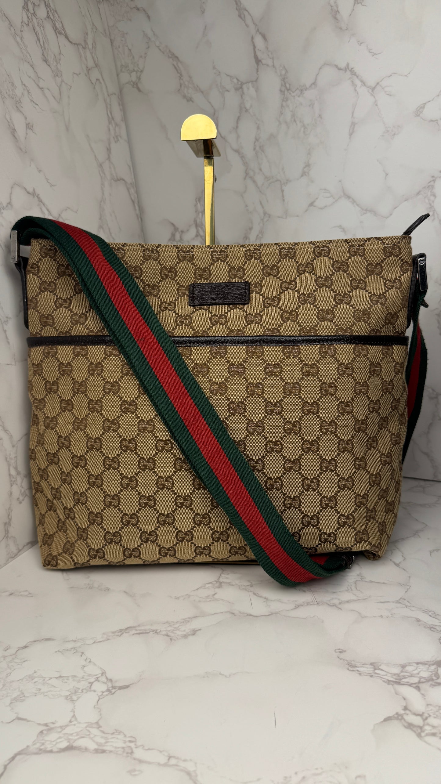 Gucci Flat  Crossbody GG Canvas Web Strap Brown