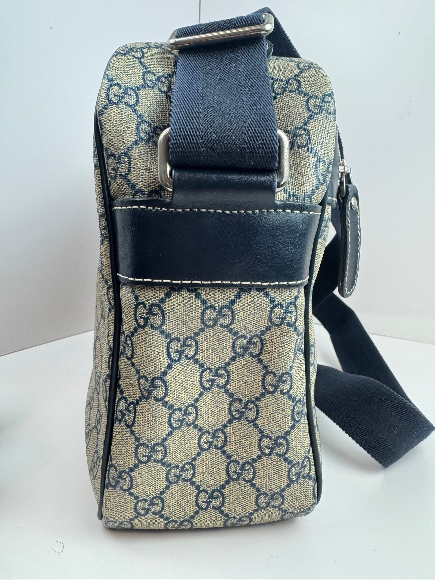 Gucci Large Front Zip Leather Coated Canvas Navy